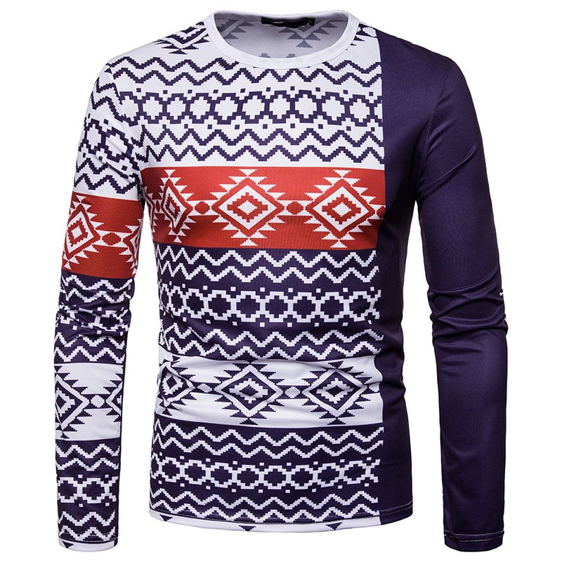 Foreign trade men's fashion wave 3D digital printing round neck long sleeve T-shirt CT444